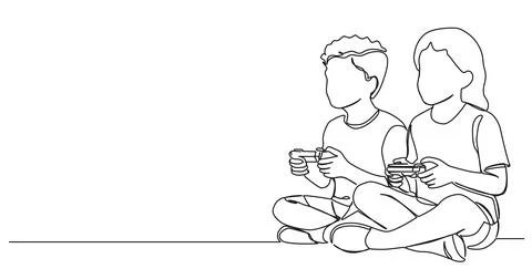 Single line drawing of two kids playing video games イラスト素材