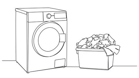 Single line drawing of washing machine and hamper with laundry Ilustración de archivo