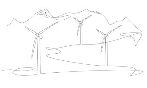 Single line drawing of wind turbines in mountain landscape イラスト素材
