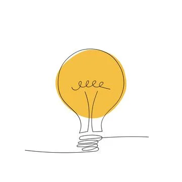 Single line drawing of a yellow light bulb on white background, creativity and Stock Illustration