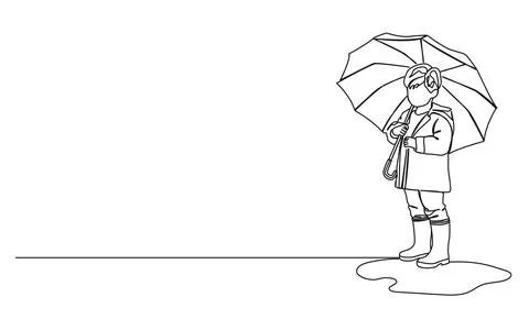 Single line drawing of young boy wearing raincoat and rubber boots holding an Stock-Illustration