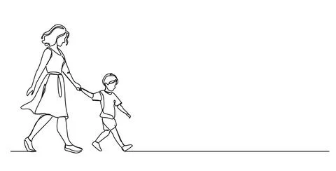 Single line drawing of young boy walking by the hand of his mother 스톡 일러스트