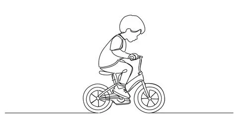 Single line drawing of young boy on childrens bicycle イラスト素材
