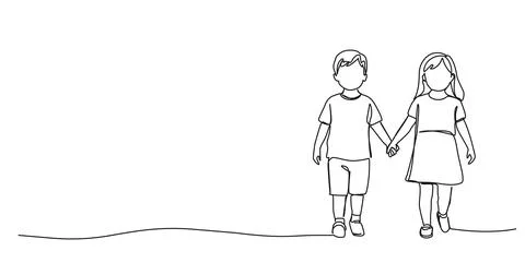 Single line drawing of young boy and girl walking holding hands Stock-Illustration