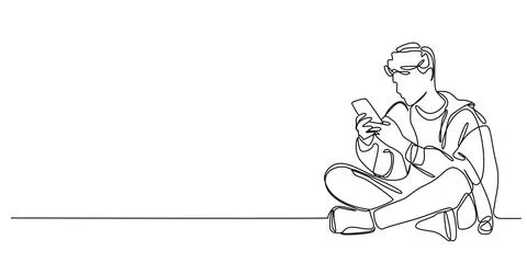 Single line drawing of young man sitting on floor using smartphone Stock-Illustration
