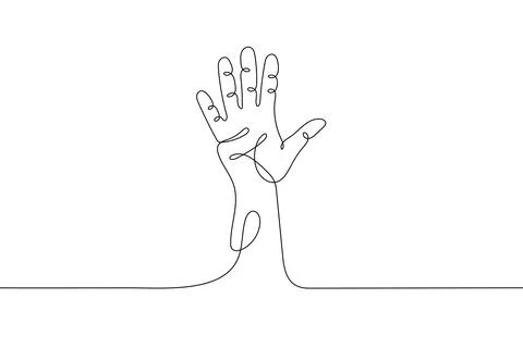 Single line drawn hand gesture,  minimalistic waving human five fingers arm  Stock Illustration