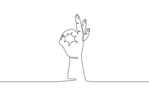 Single line drawn hand gesture,  minimalistic human hand with ok sign fingers Stock Illustration