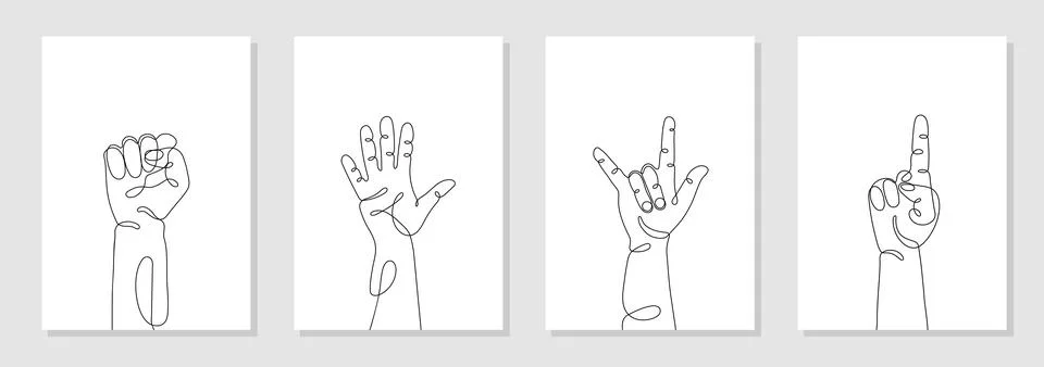 Single line drawn hand gestures set,  minimalistic human hands with fist, fiv Stock Illustration