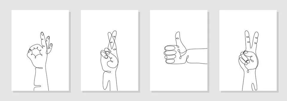 Single line drawn hand gestures set,  minimalistic human hands with like sign Stock Illustration