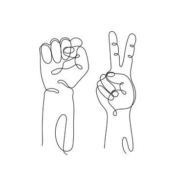 Single line drawn hand gestures,  minimalistic human hand with victory Illustration
