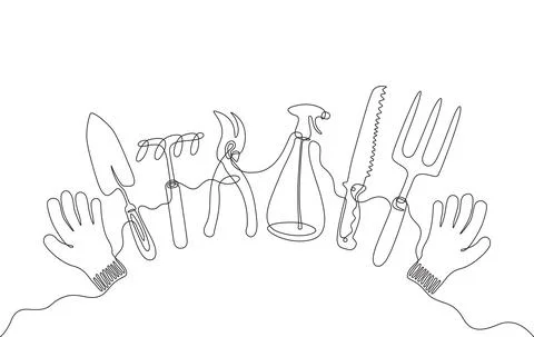 Single line garden instruments Stock Illustration