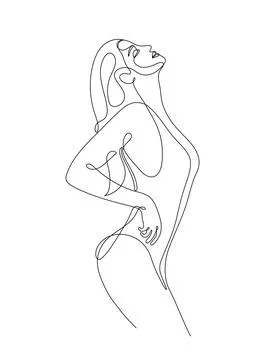 Single line hand drawn young woman figure, body, female beauty, minimalistic  Stock Illustration