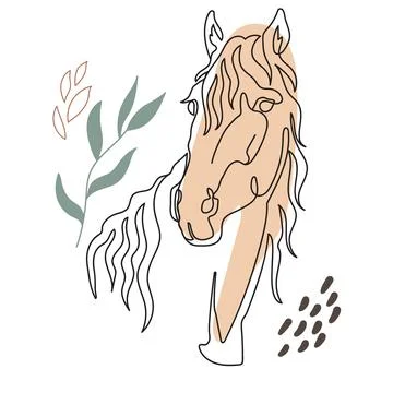 Single line horse with botanical elements vector illustration Stock Illustration