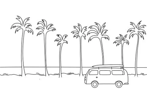 Single line illustration of an old van with a surf board. Stock Illustration
