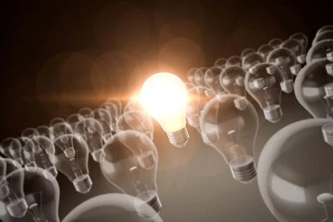 Single lit bulb surround by multiple un lit ones 3d render イラスト素材