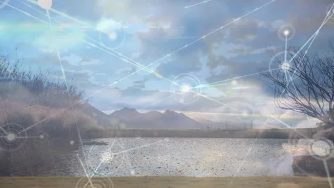 Single luminous node appearing near sunrise emitting lines growing network Stock-Footage 330344811