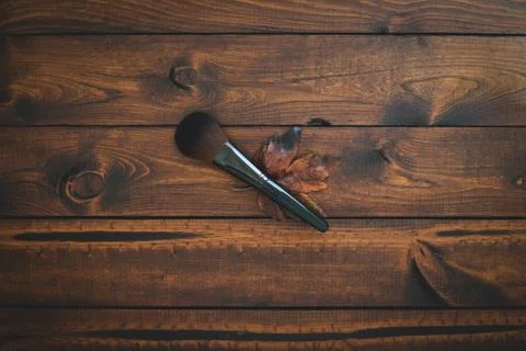 Single makeup brush with a leaf on a brown background. Stock Photos
