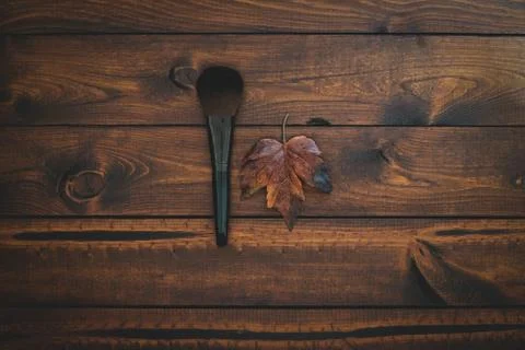 Single makeup brush with a leaf on a brown background. Stock Photos