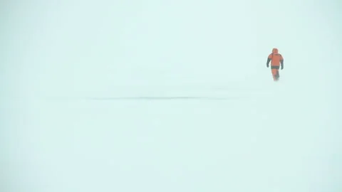 Single man on a extreme adventure. Arctic Storm. Man walking in Snow Storm. Stock Footage 150679302