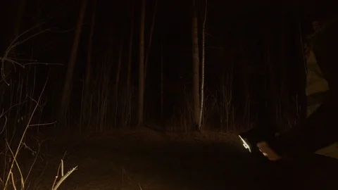 Single man with a lantern in the forest in uniform Stock Footage 88881392