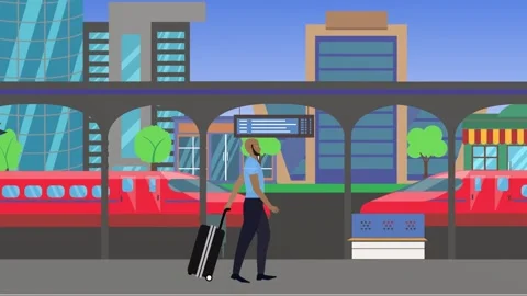 Single man walking in train station with trolley baggage Stock Footage 308379451