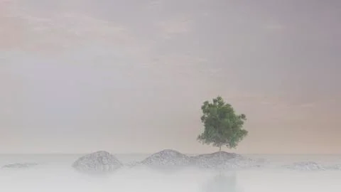 Single maple tree on rock in water, 3D Rendering Stock Illustration