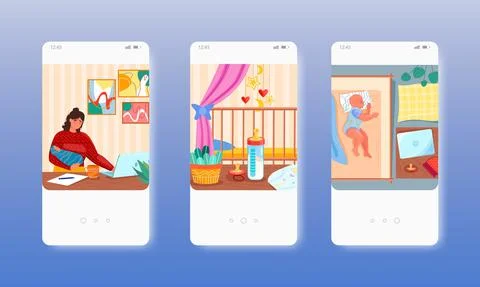 Single mom working on computer with baby in arms. Mobile app screens, vector Stock Illustration