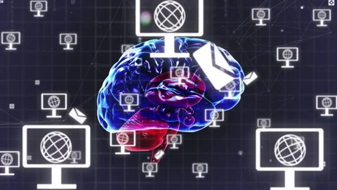 Single monitor spawning, monitors multiplying, encircling rotating 3D brain, Stock Footage 334337794