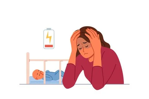 Single mother experiences postpartum depression and suffers from lack of energy Stock Illustration