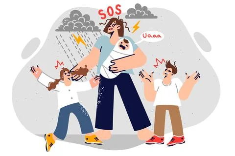 Single mother needs help due to lack of financial opportunity to raise children. Stock Illustration