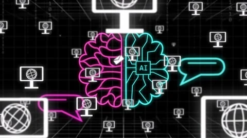 Single neon pink stroke starting split brain, monitors orbiting and icons Stock Footage 335739708