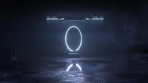 Single neon ring rotating on a pedestal in a foggy dark hall Stock Footage 346780970