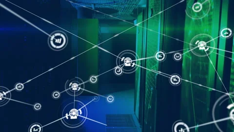 Single network node appearing triggers digital nodes expanding and linking to Stock Footage 311226517
