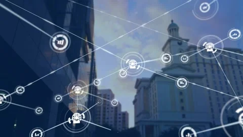 Single node activating sending lines adding icons overlay growing over facades Video stock 330894262