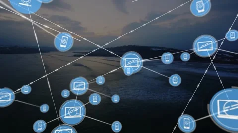 Single node appearing and sparking animated network spreading blue tech icons Video stock 330258435