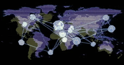 Single node appearing over Europe sending glowing lines to nodes pulsing to show Stock Footage 310330632