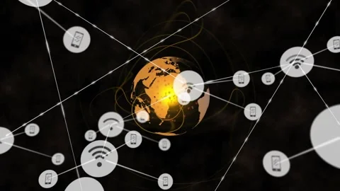 Single node appearing over globe causing nodes spawning, linking, camera Video stock 328584668