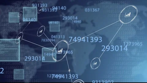 Single node appearing over world map, nodes linking, panels shifting, Stock Footage 334351902