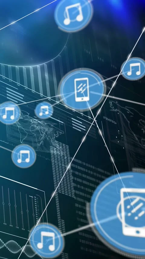 Single node appearing, spawning phone, music icons, connecting, drifting Stock Footage 334549699