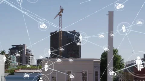 Single node appearing, white pictograms growing and linking across rooftop Video stock 334039461