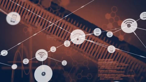 Single node emerging on ribbed band, network growing, linking icons, depth Stock Footage 331062916