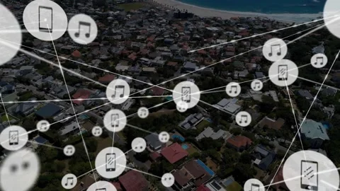 Single node popping over one house sparking phone or music nodes filling coastal Stock Footage 330380010