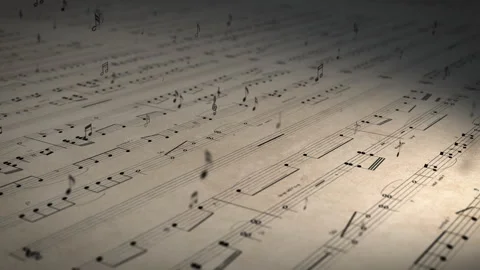 Single notes of piece of music rise up from an old vintage music paper, digital Stock Footage 281711414