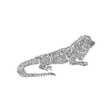 Single one curly line drawing of exotic iguana abstract art. Stock Illustration