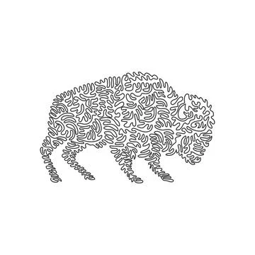 Single one curly line drawing of scary bison abstract art. Stock Illustration