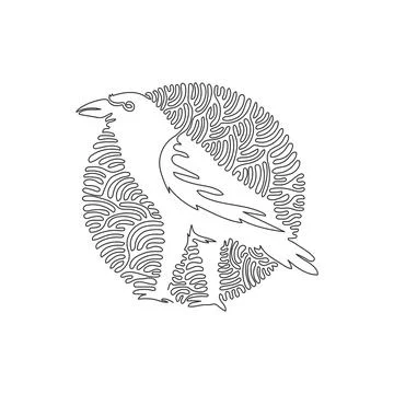 Single one curly line drawing of cute raven abstract art Stock Illustration