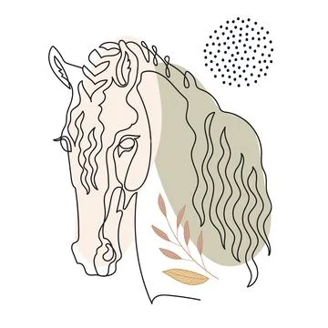 Single one line drawing abstract horse and botanical elements vector イラスト素材
