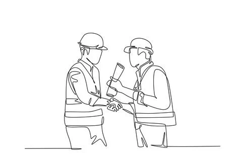 Single one line drawing architect holding on roll paper, builder foreman we.. Illustrazione stock