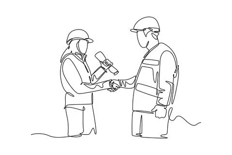 Single one line drawing of architect woman and builder foreman wearing cons.. Stock Illustration