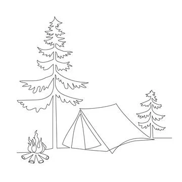 Single one line drawing camping landscape with bonfire. Stock Illustration
